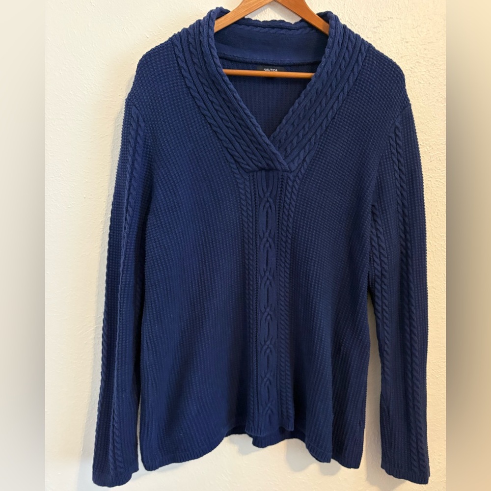 Nautica 100% Cotton Navy Blue Fisherman Sweater, Size XXL